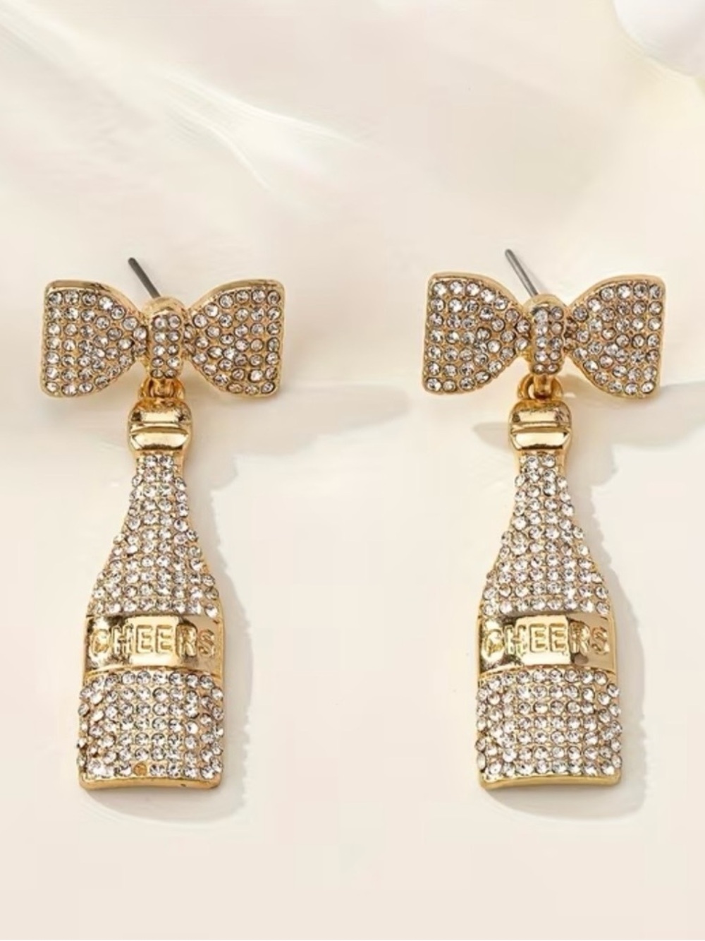 Gold Crystal 'Cheers' Champagne Bottle Drop Earrings - Picture 4 of 5